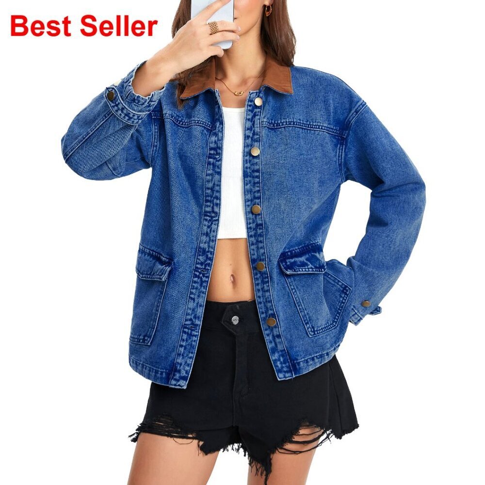 Oversized Denim Jacket Drop Shoulder Button Front Pockets Lightweight